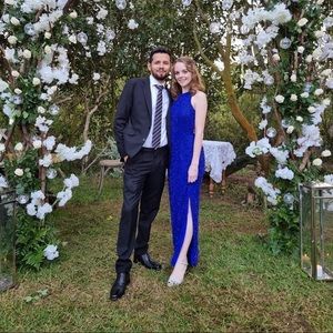 ❌ SOLD ❌ cross back stunning royal blue beaded gown